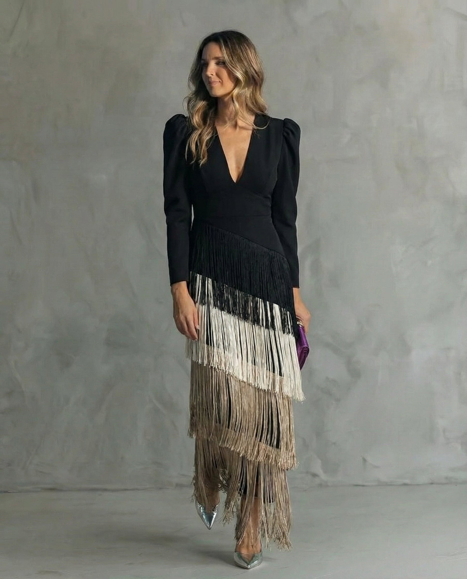 Violet & Grace - Clara™ | Elegant midi dress with fringe sleeves