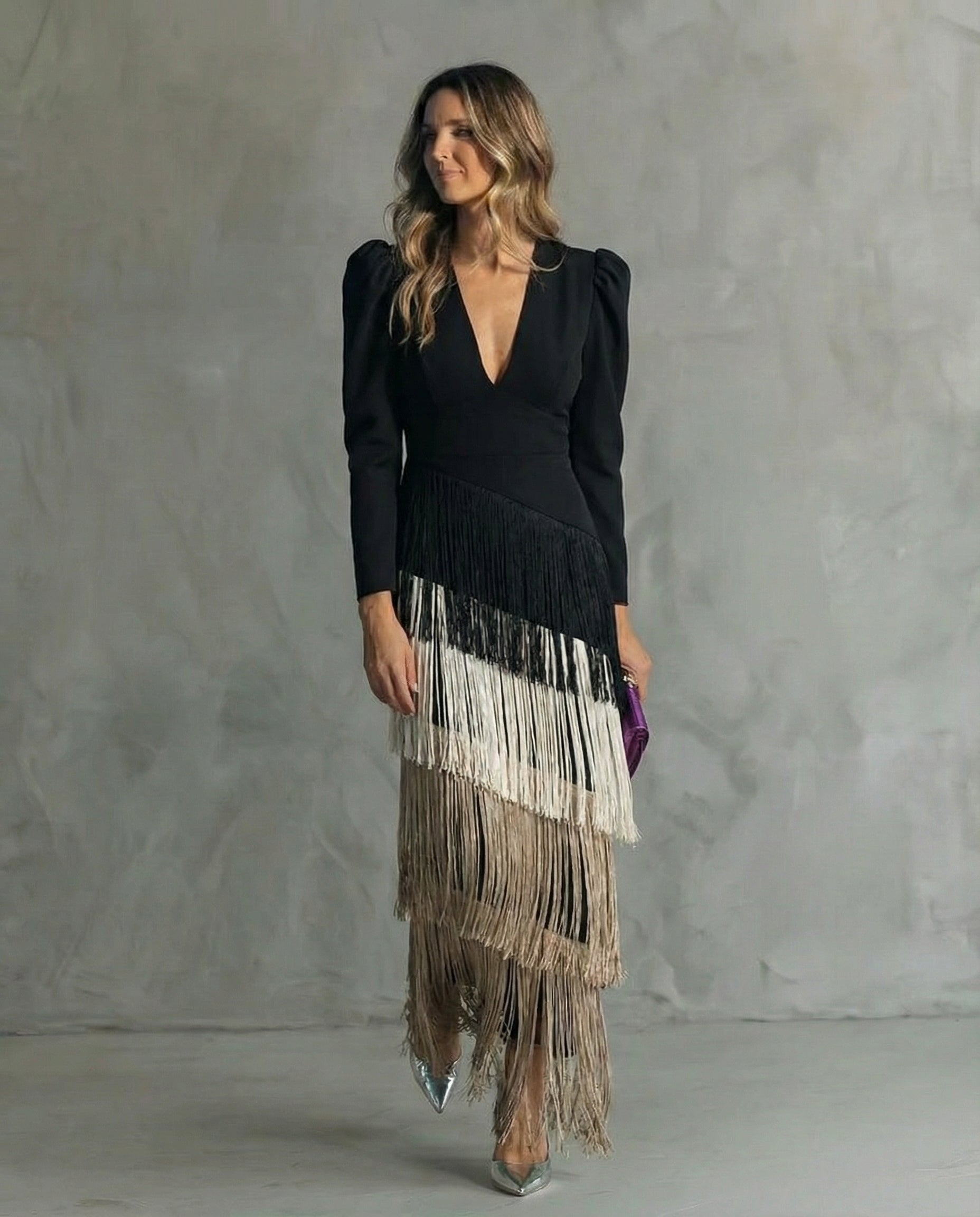 Violet & Grace - Clara™ | Elegant midi dress with fringe sleeves